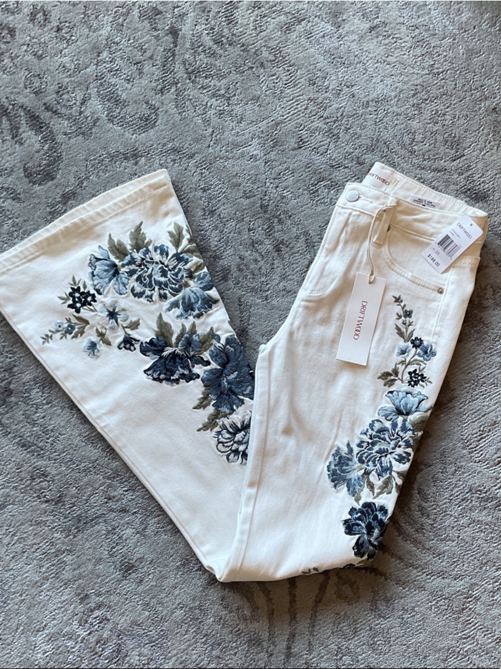 DRIFTWOOD White Jeans with Blue Floral Embroidery
